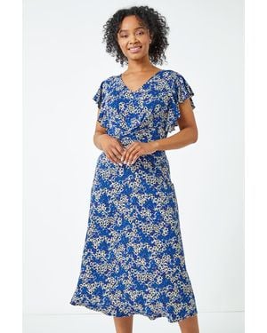 Roman Petite Twist Front Floral Dress - Blue