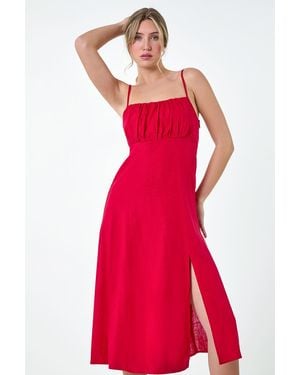D.u.s.k Ruched Linen Blend Midi Dress - Red