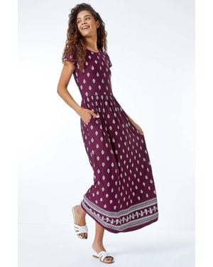Roman Paisley Border Print Stretch Maxi Dress - Purple