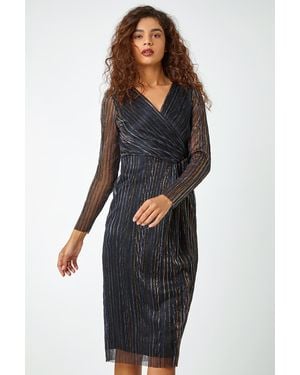 Roman Shimmer Stripe Print Midi Wrap Dress - Black