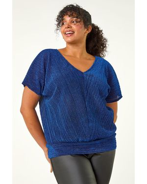 Roman Curve Metallic Plisse Banded Top - Blue