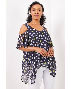 Roman Petite Cold Shoulder Spot Hanky Hem Chiffon Top - Blue