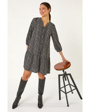 Roman Abstract Spot Frill Shirt Dress - Black