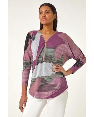 Roman Brushed Print Zip Detail Top - Purple