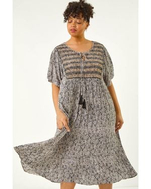 Roman Curve Tassel Trim Printed Dress - Grey