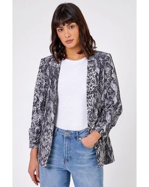 Roman Animal Ruched 3/4 Sleeve Blazer Jacket - Grey