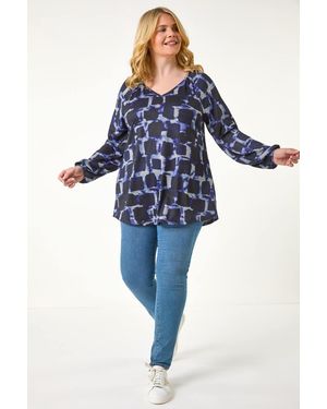 Roman Curve Abstract Print Swing Tunic Top - Blue