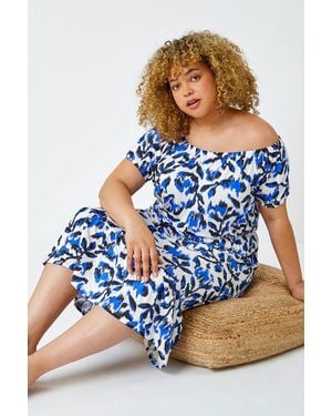Roman Curve Leaf Bardot Stretch Midi Dress - Blue