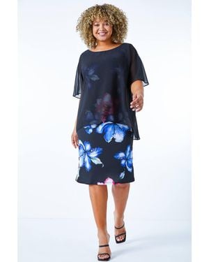 Roman Curve Chiffon Overlay Floral Dress - Black
