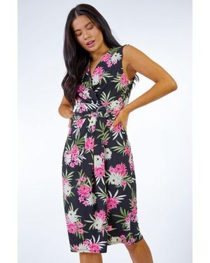 Roman Petite Side Buckle Floral Ruched Midi Dress - Pink