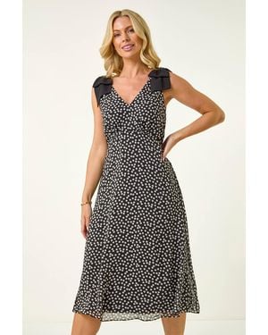 Roman Petite Spot Print Bow Midi Dress - Black