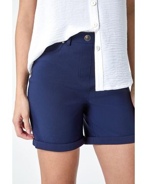Roman Stretch Elastic Waist Turn Up Shorts - Blue