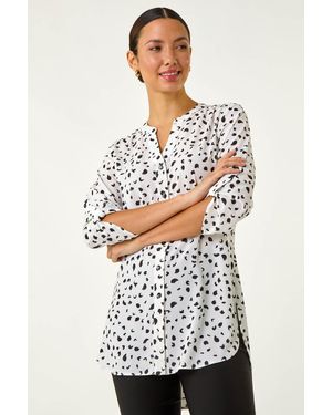 Roman Spot Print V-Neck Button Blouse - White