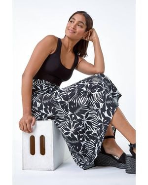 Roman Leaf Print Linen Blend A-Line Skirt - Black