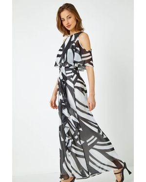 Roman Geometric Cold Shoulder Chiffon Overlay Dress - White