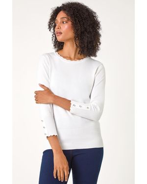 Roman Diamante Button Scallop Edge Jumper - White