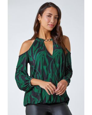 Roman Abstract Print Cold Shoulder Chiffon Top - Green