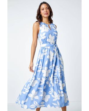 Roman Sleeveless Floral Print Maxi Dress - Blue