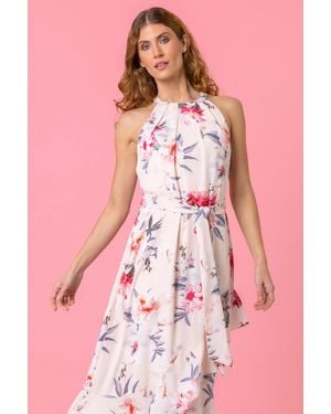Roman Floral Asymmetric Belted Wrap Midi Dress - Pink
