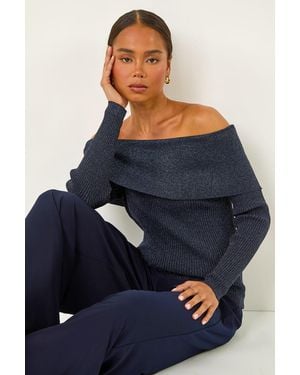 Roman Petite Metallic Bardot Knit Top - Blue