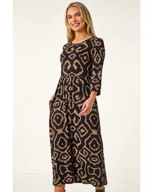 Roman Petite Geo Print Gathered Midi Dress - Natural