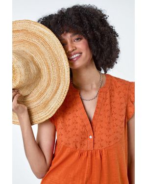Roman Embroidered Frill Cotton Blend V-Neck Vest Top - Orange