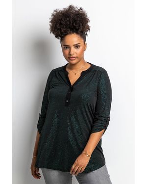 Roman Curve Glitter Button Tunic Top - Green