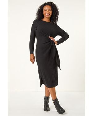 Roman Petite Brushed Tie Waist Stretch Midi Dress - Black
