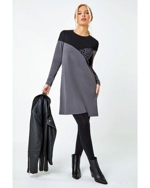 Roman Petite Stretch Animal Colour Block Knit Dress - Blue
