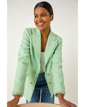 Roman Textured Frayed Edge Boucle Button Jacket - Green