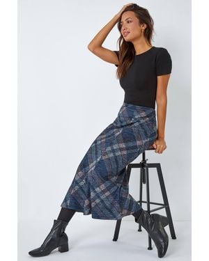 Roman Panelled Check Print Elastic Waist Midi Skirt - Blue