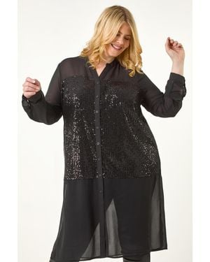 Roman Curve Sequin V-Neck Chiffon Blouse - Black