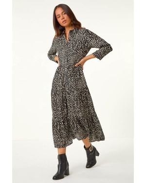 Roman Petite Geometric Button Tiered Midi Dress - Black