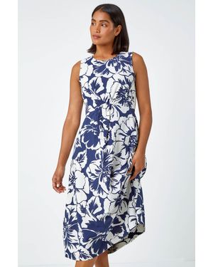 Roman Sleeveless Cotton Blend Floral Midi Dress - Blue