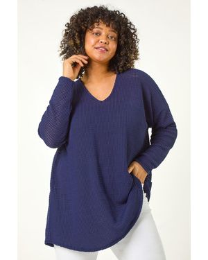 Roman Curve Textured Knit V-Neck Tunic - Blue