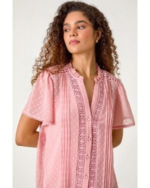 Roman Textured Spot Lace Trim Blouse - Pink