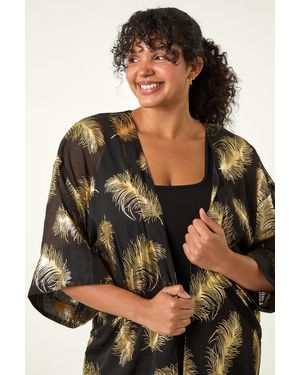 Roman Curve Feather Foil Print Kimono - Black