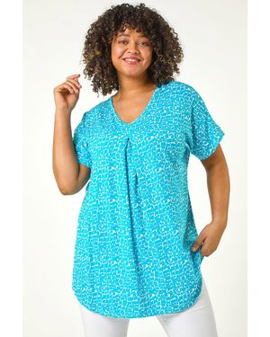 Roman Curve Pleat Front Printed Stretch Top - Blue