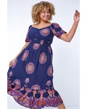 Roman Curve Boho Print Sweetheart Midi Dress - Blue