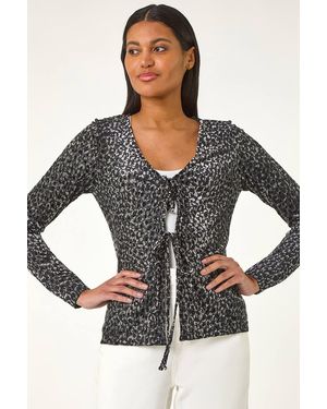 Roman Front Tie Velvet Animal Print Burnout Top - Black