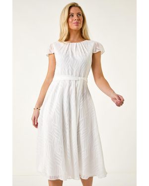 Roman Petite Gathered Neck Jacquard Dress - White