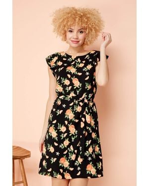 Roman Print Frill Sleeve Shift Dress - Black
