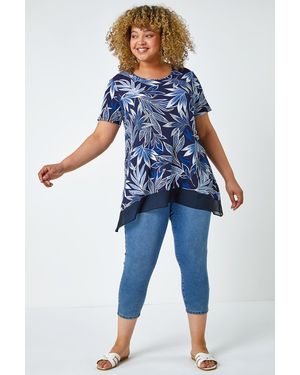 Roman Curve Leaf Chiffon Hem Stretch Top - Blue