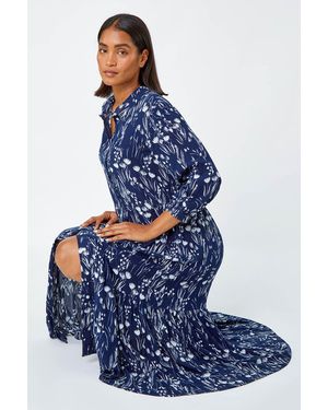 Roman Floral Print Midi Shirt Dress - Blue