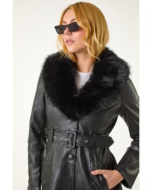 D.u.s.k Longline Faux Leather Belted Coat - Black