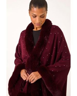 Roman Hotfix Faux Fur Trim Cape - Red