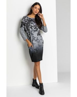 Roman Butterfly Print Embellished Slouch Dress - Black