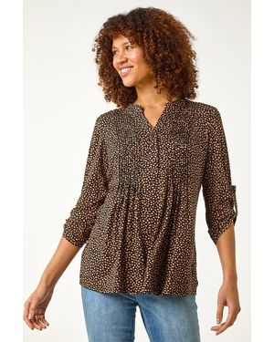 Roman Spot Print V-Neck Stretch Shirt - Brown