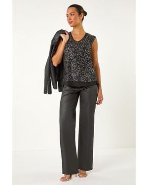 Roman Sequin V-Neck Tunic Stretch Top - Black