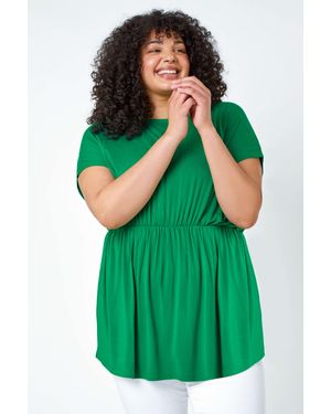 Roman Curve Shirred Waist Tunic Top - Green